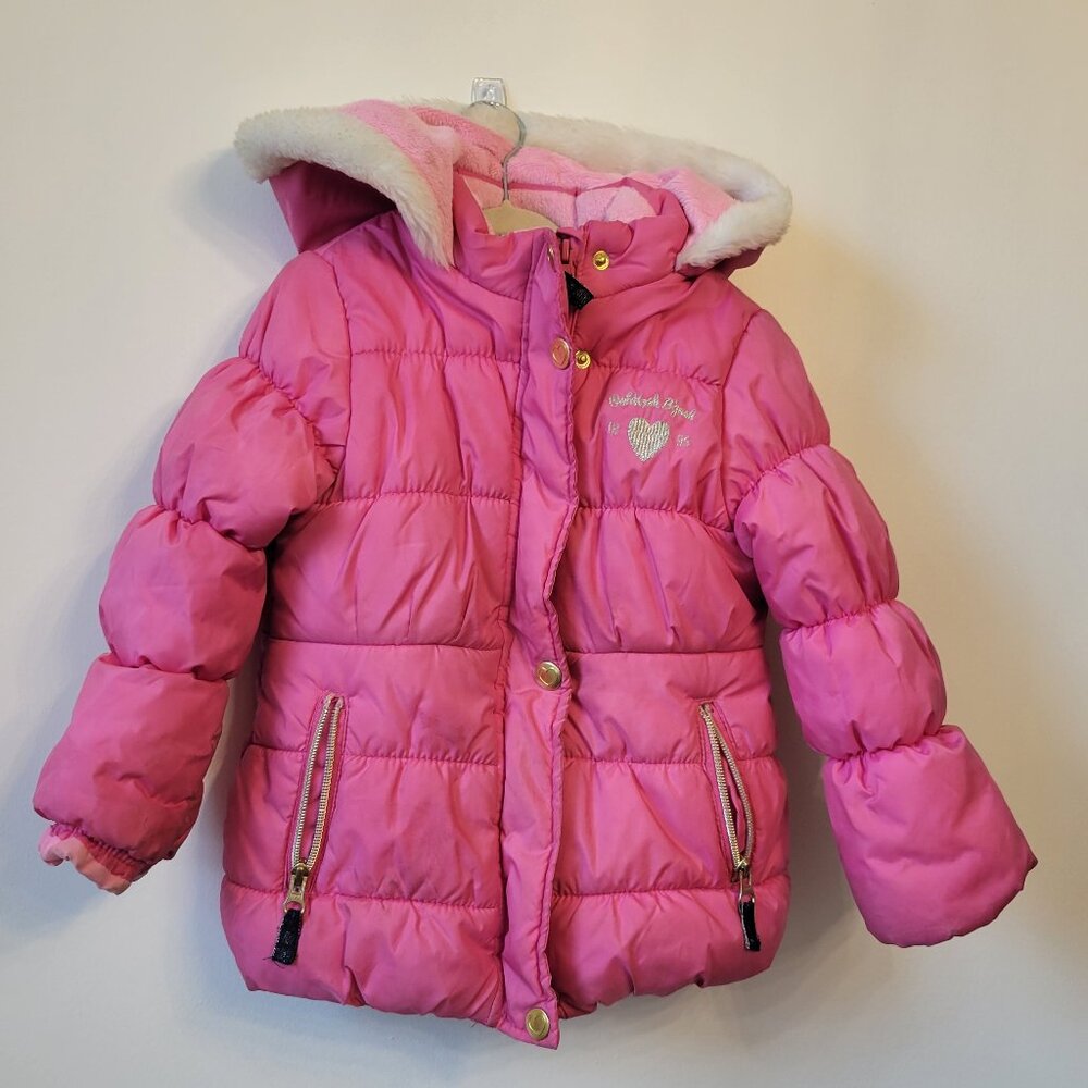 OSH KOSH Girl pink puffer full zip gold heart snap coat jacket size 4 like new